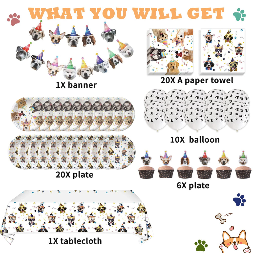 Bluegogo Dog Birthday Party Supplies — Serves 20, Plates, Napkins, Banner, Balloons, Cake Toppers