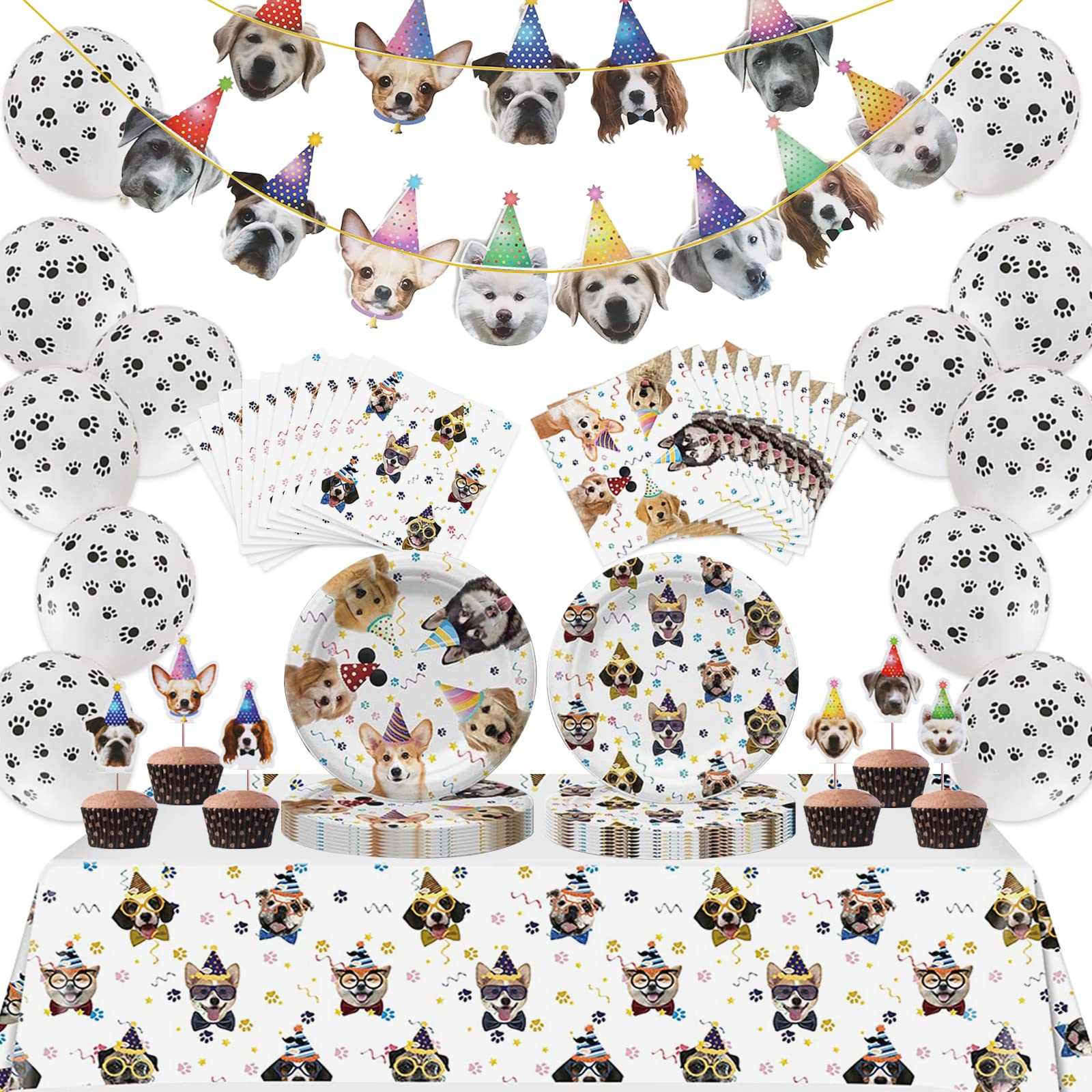 Bluegogo Dog Birthday Party Supplies — Serves 20, Plates, Napkins, Banner, Balloons, Cake Toppers