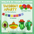 Bluegogo 26 Pcs Taco Bout a Party Decorations – Fiesta Balloons, Banner & Fans for Mexican Parties