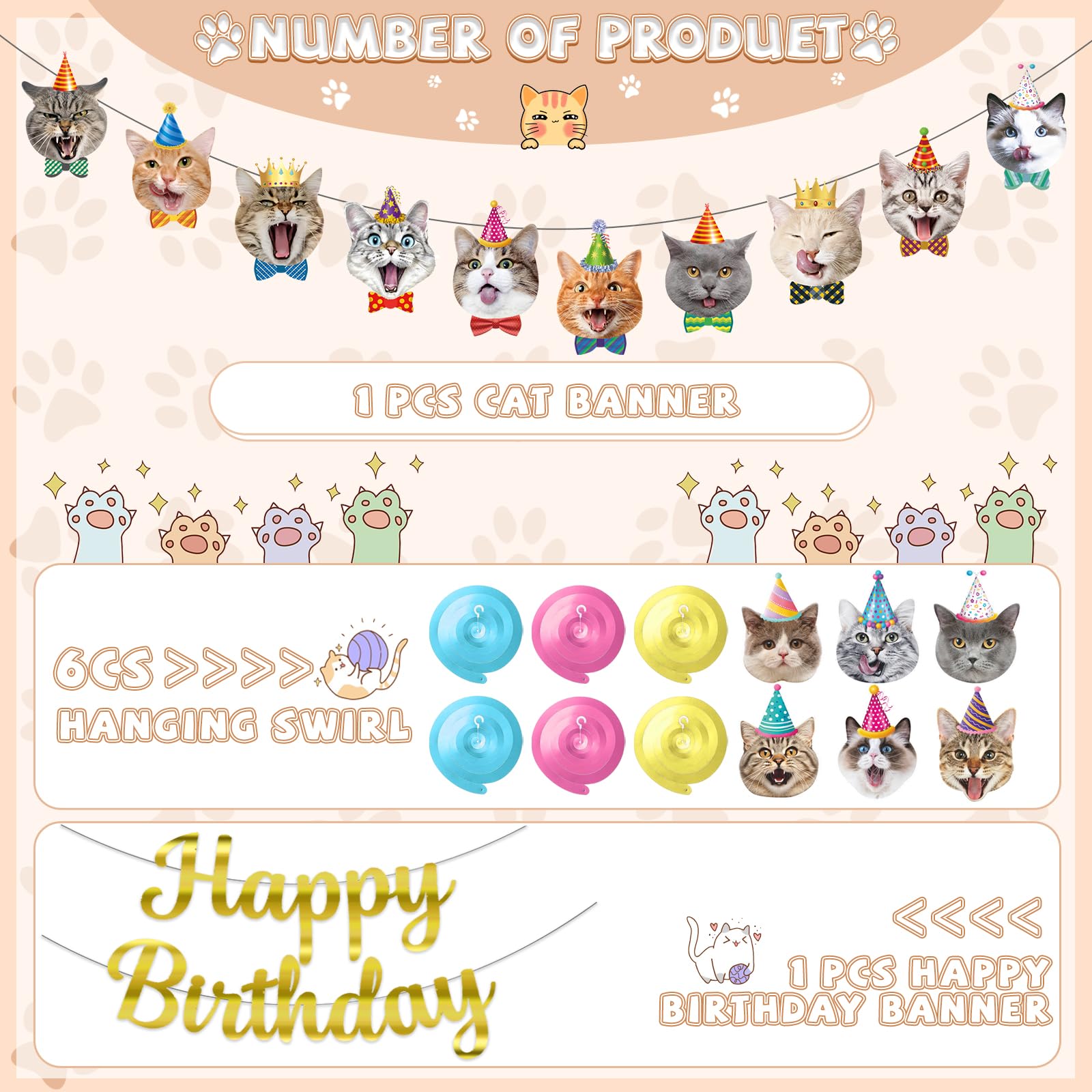 Bluegogo Cat Theme Birthday Party Decorations – 5m Banners, Cat Cards & Spirals