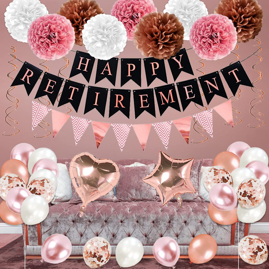 Bluegogo Rose Gold Retirement Party Decorations – 63 Pcs Set with Banner, Balloons, Toppers & Sash