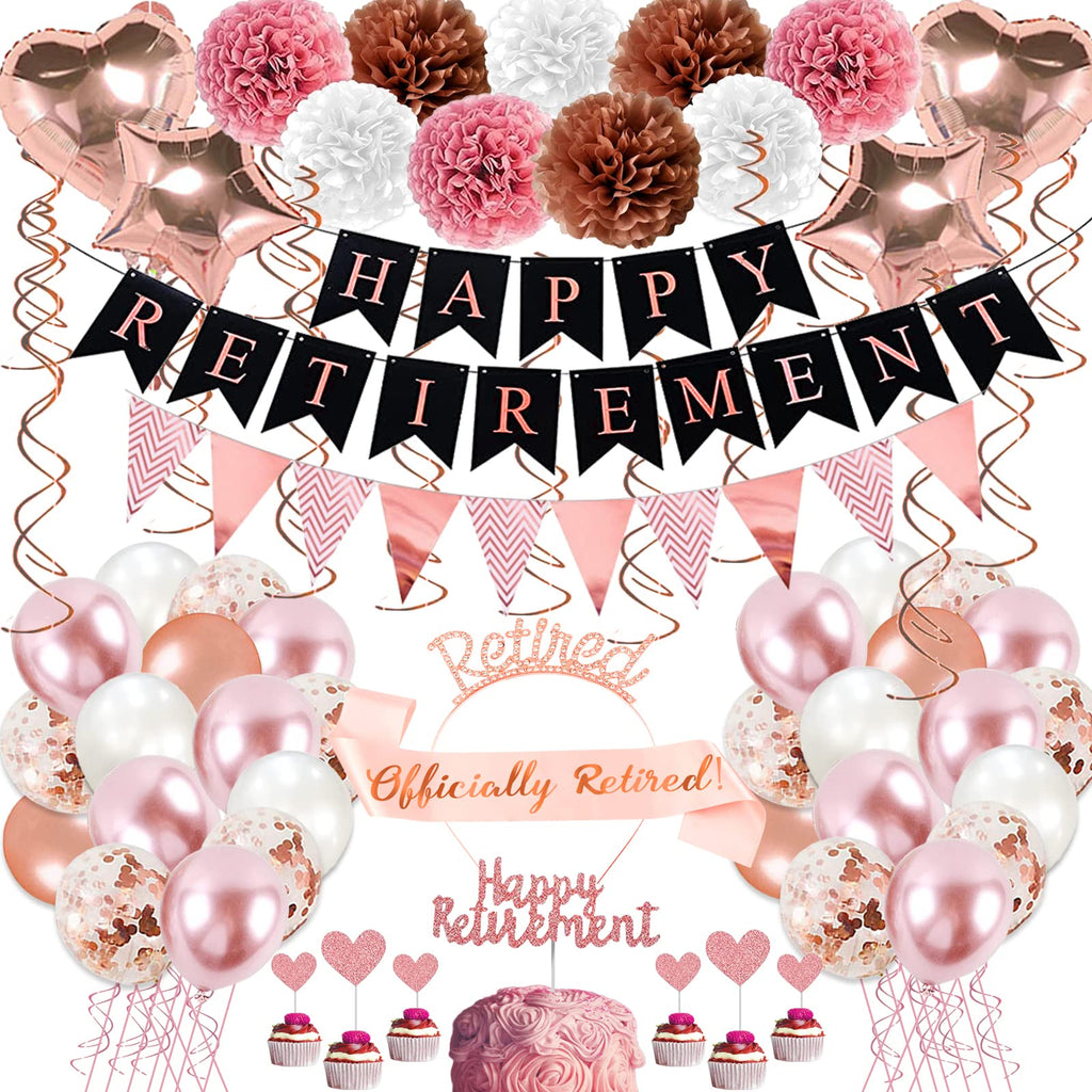 Bluegogo Rose Gold Retirement Party Decorations – 63 Pcs Set with Banner, Balloons, Toppers & Sash
