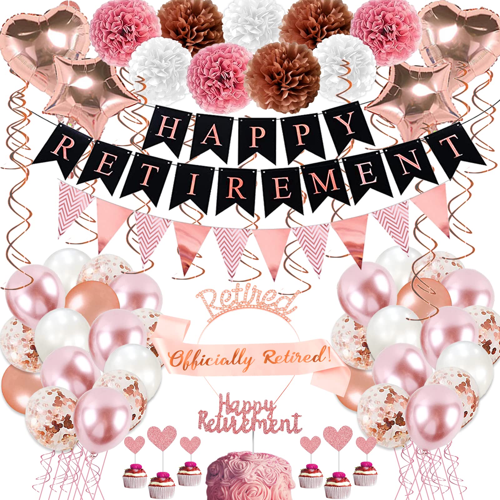 Bluegogo Rose Gold Retirement Party Decorations – 63 Pcs Set with Banner, Balloons, Toppers & Sash