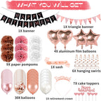 Bluegogo Rose Gold Retirement Party Decorations – 63 Pcs Set with Banner, Balloons, Toppers & Sash
