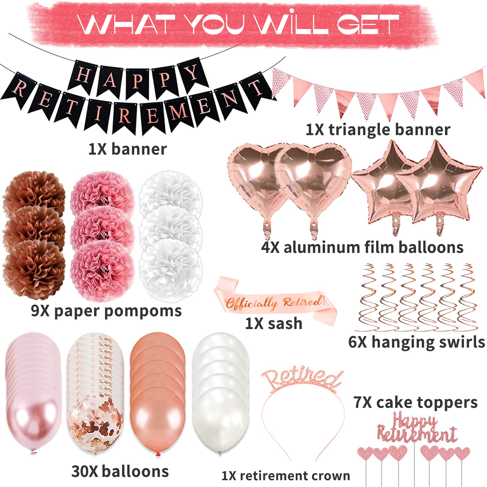Bluegogo Rose Gold Retirement Party Decorations – 63 Pcs Set with Banner, Balloons, Toppers & Sash