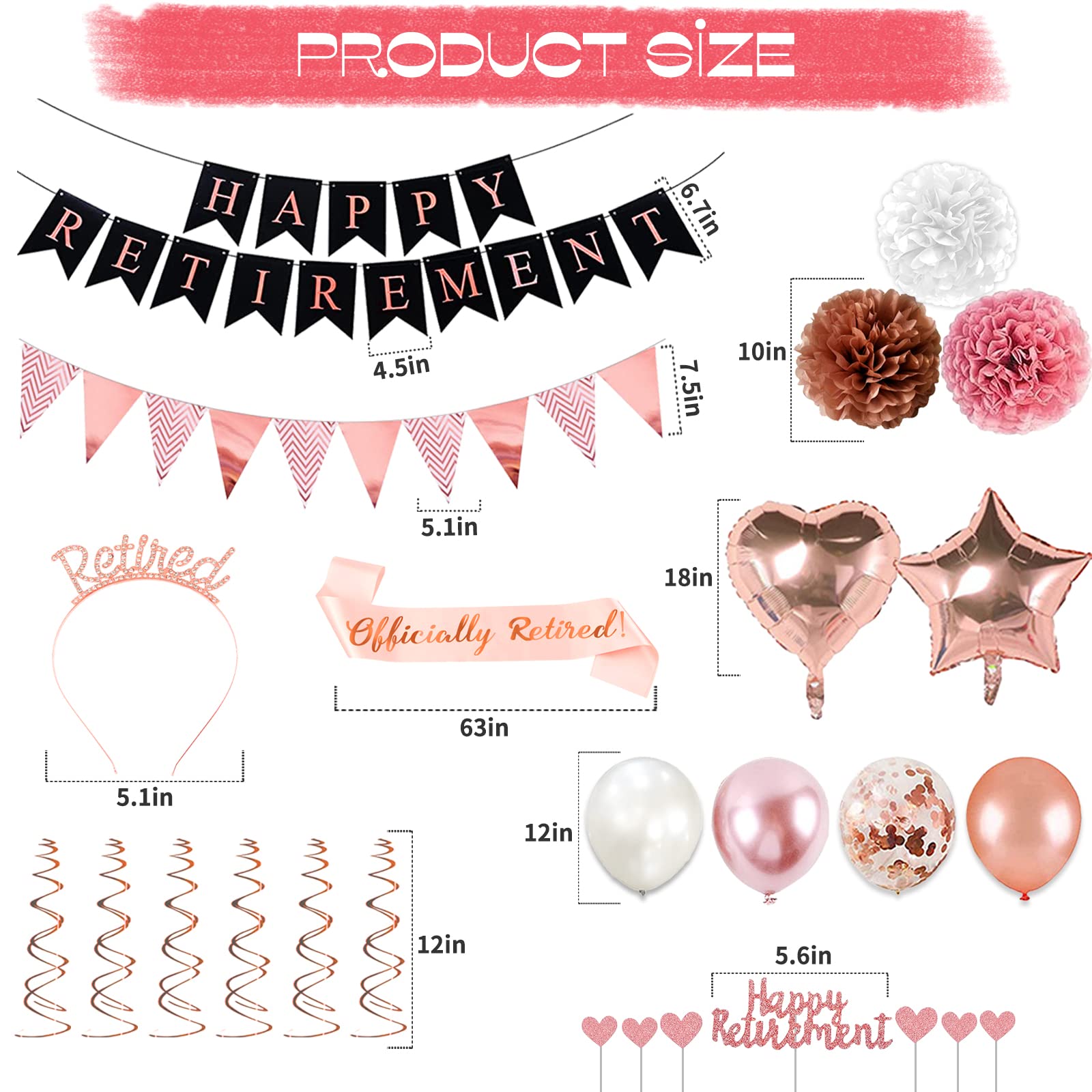 Bluegogo Rose Gold Retirement Party Decorations – 63 Pcs Set with Banner, Balloons, Toppers & Sash