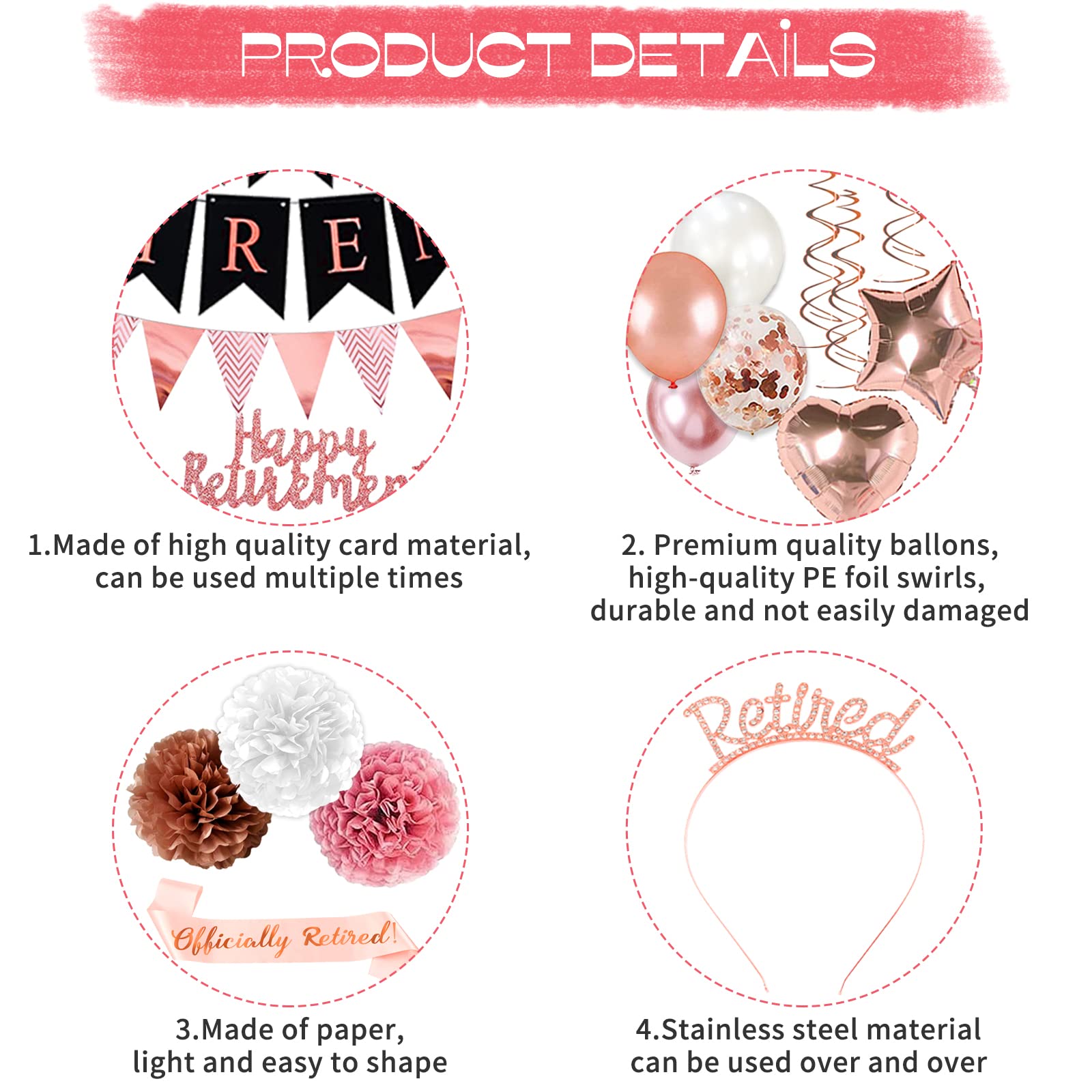 Bluegogo Rose Gold Retirement Party Decorations – 63 Pcs Set with Banner, Balloons, Toppers & Sash