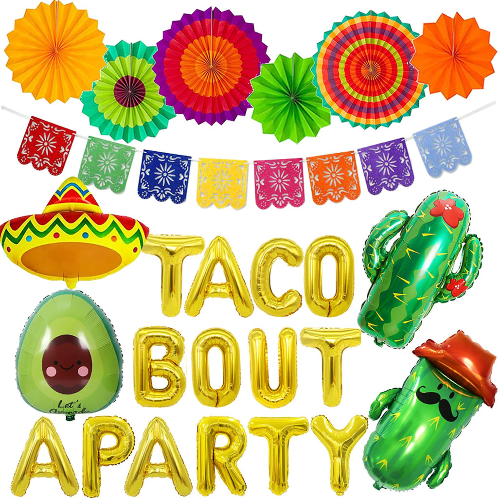 Bluegogo 26 Pcs Taco Bout a Party Decorations – Fiesta Balloons, Banner & Fans for Mexican Parties
