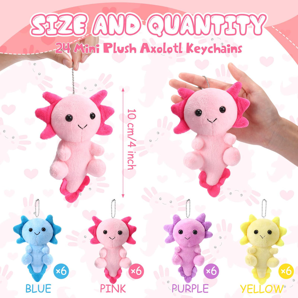 Blueweenly 24 Pcs Axolotl Plush Keychains – 4 Inch Kawaii Axolotl Toys for Kids, Party Favors & Classroom Rewards