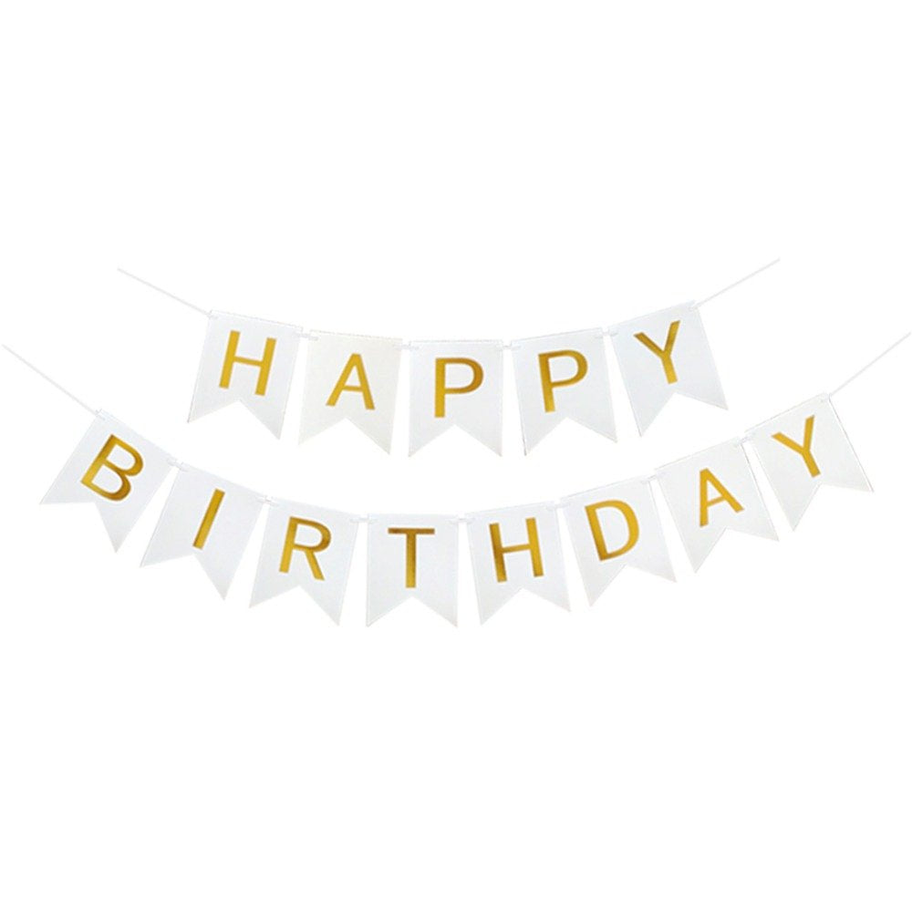 Blukey Happy Birthday Banner with Shiny Gold Letters – White Swallowtail Design