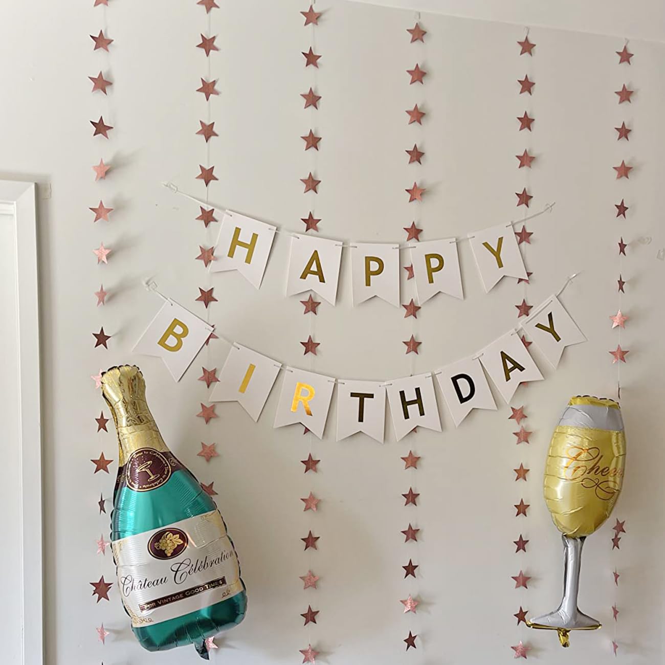 Blukey Happy Birthday Banner with Shiny Gold Letters – White Swallowtail Design