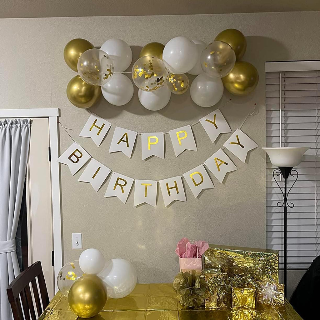 Blukey Happy Birthday Banner with Shiny Gold Letters – White Swallowtail Design