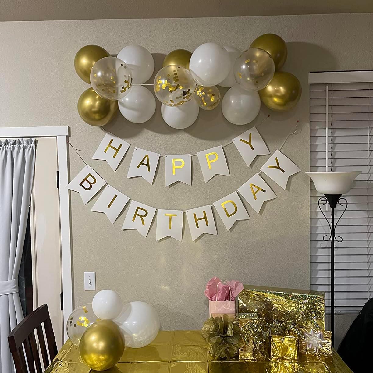 Blukey Happy Birthday Banner with Shiny Gold Letters – White Swallowtail Design