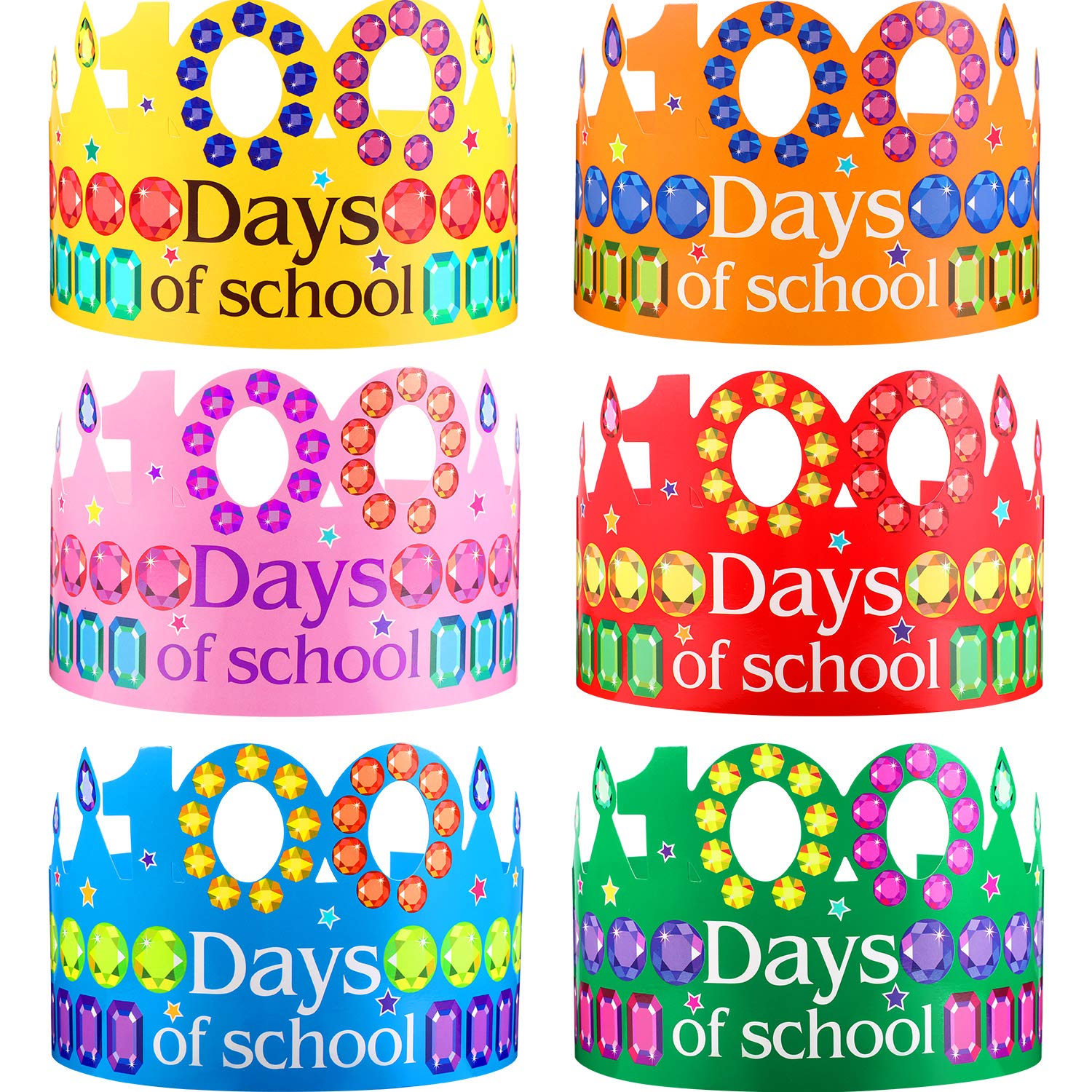 Blulu 30 Pieces 100 Days Paper Crowns – Multicolor Rhinestone Party Hats (15.7 x 3.9 in)