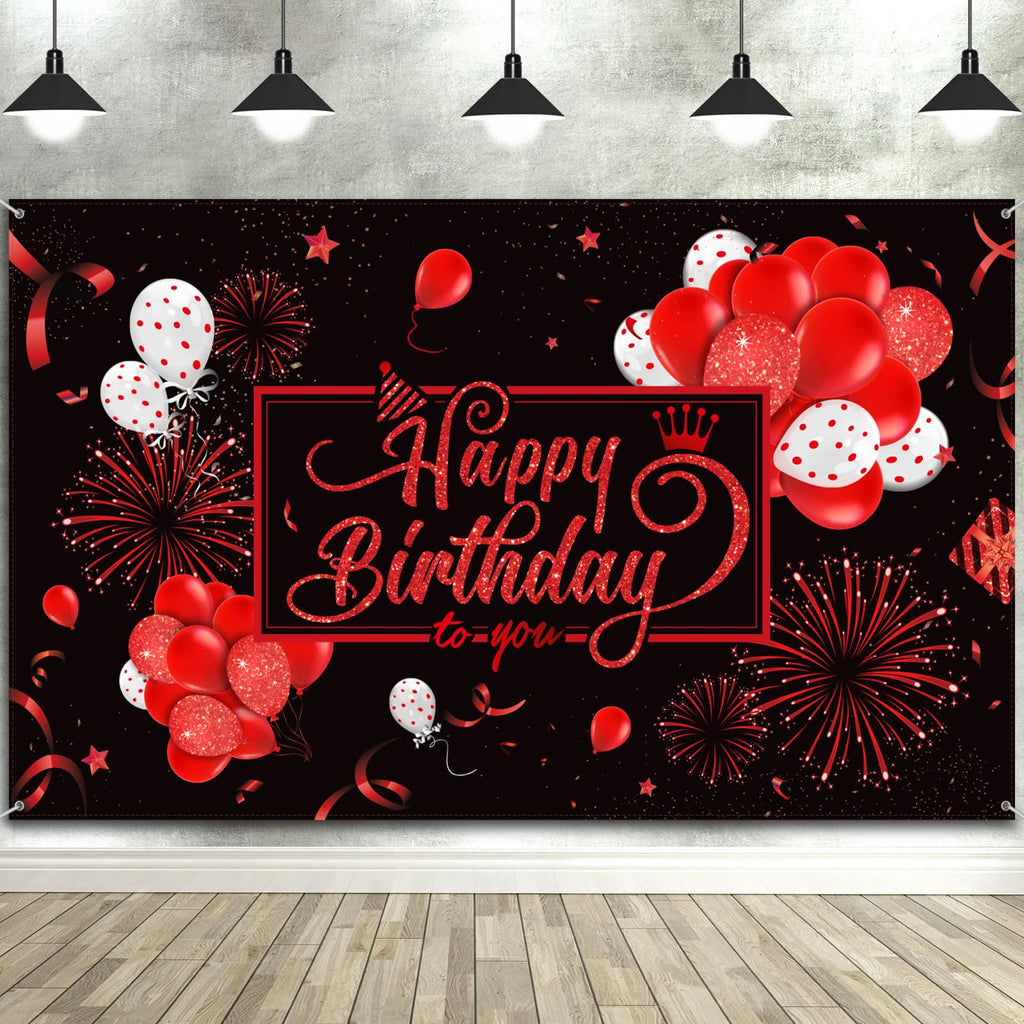 Blulu Happy Birthday Backdrop Banner – 72.8 x 43.3 in, Black & Red Glitter Design