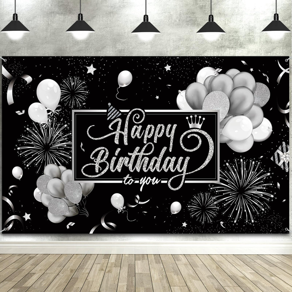 Blulu Happy Birthday Backdrop Banner 72.8 x 43.3 in – Black & Silver Glitter Photo Backdrop for Parties