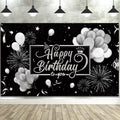 Blulu Happy Birthday Backdrop Banner 72.8 x 43.3 in – Black & Silver Glitter Photo Backdrop for Parties