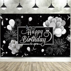 Blulu Happy Birthday Backdrop Banner 72.8 x 43.3 in – Black & Silver Glitter Photo Backdrop for Parties