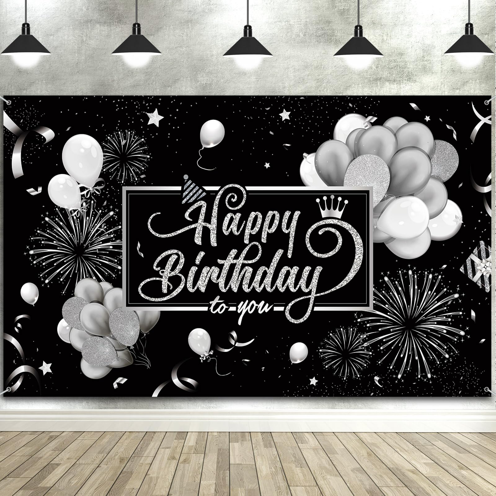 Blulu Happy Birthday Backdrop Banner 72.8 x 43.3 in – Black & Silver Glitter Photo Backdrop for Parties