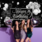 Blulu Happy Birthday Backdrop Banner 72.8 x 43.3 in – Black & Silver Glitter Photo Backdrop for Parties