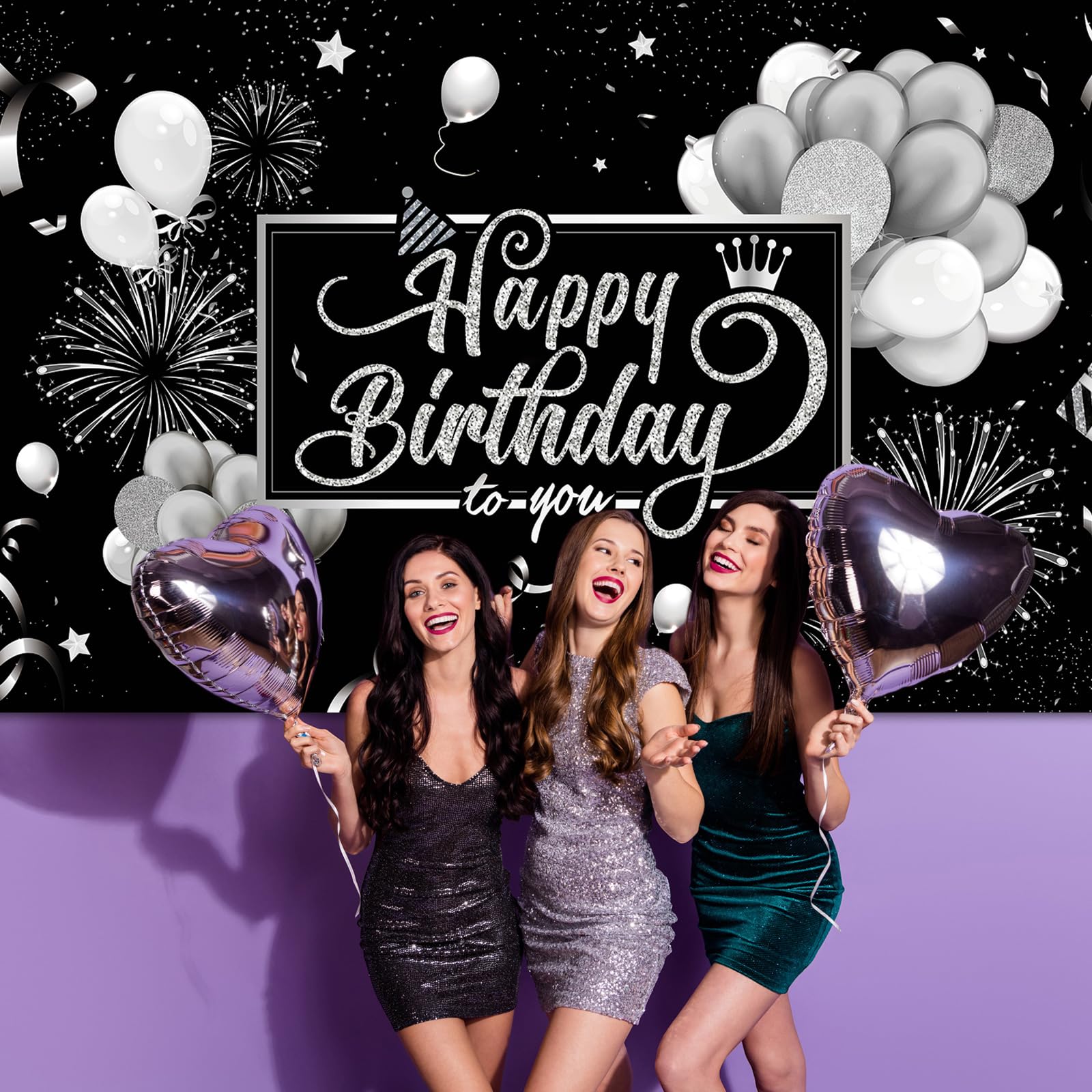 Blulu Happy Birthday Backdrop Banner 72.8 x 43.3 in – Black & Silver Glitter Photo Backdrop for Parties