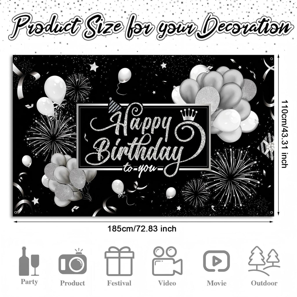 Blulu Happy Birthday Backdrop Banner 72.8 x 43.3 in – Black & Silver Glitter Photo Backdrop for Parties