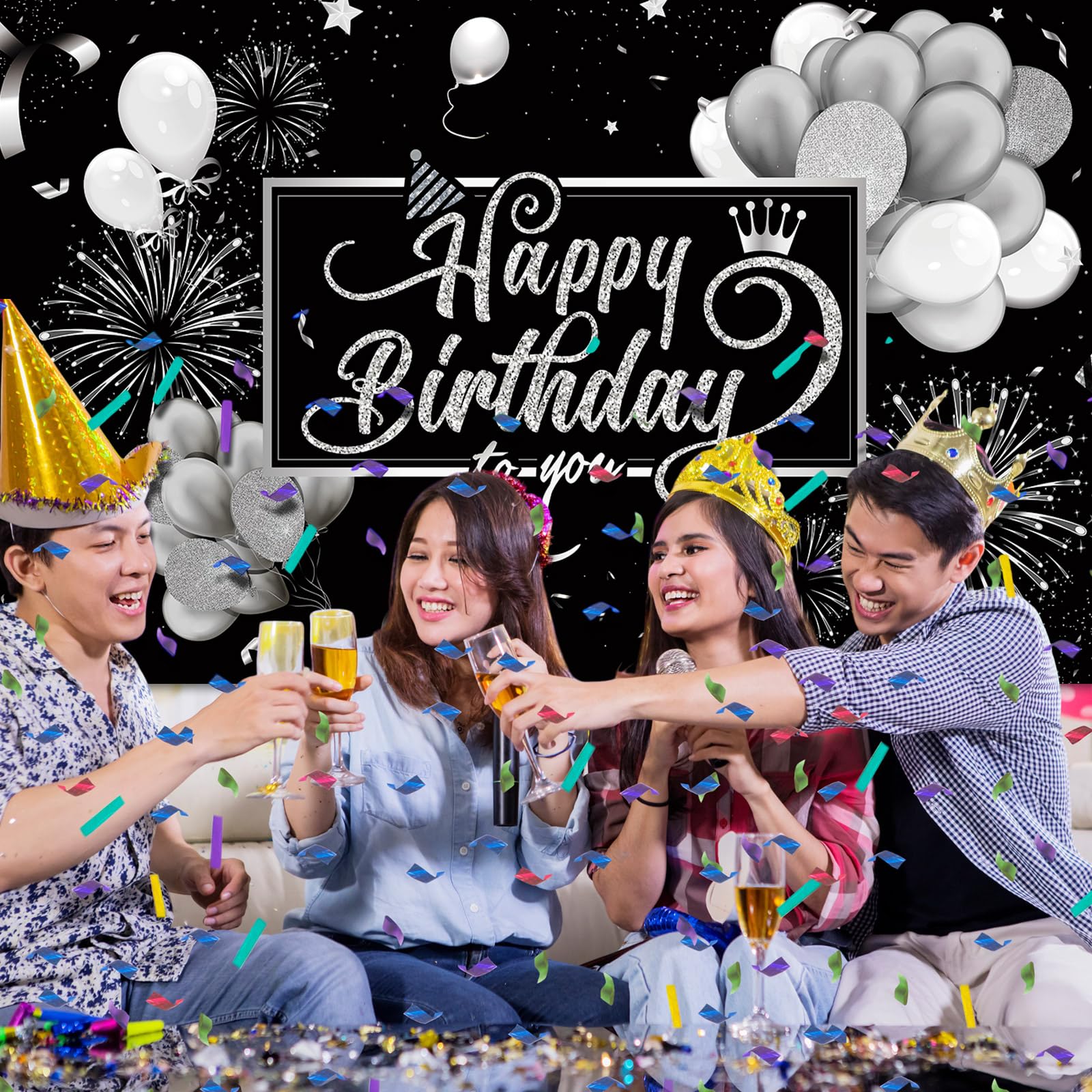 Blulu Happy Birthday Backdrop Banner 72.8 x 43.3 in – Black & Silver Glitter Photo Backdrop for Parties