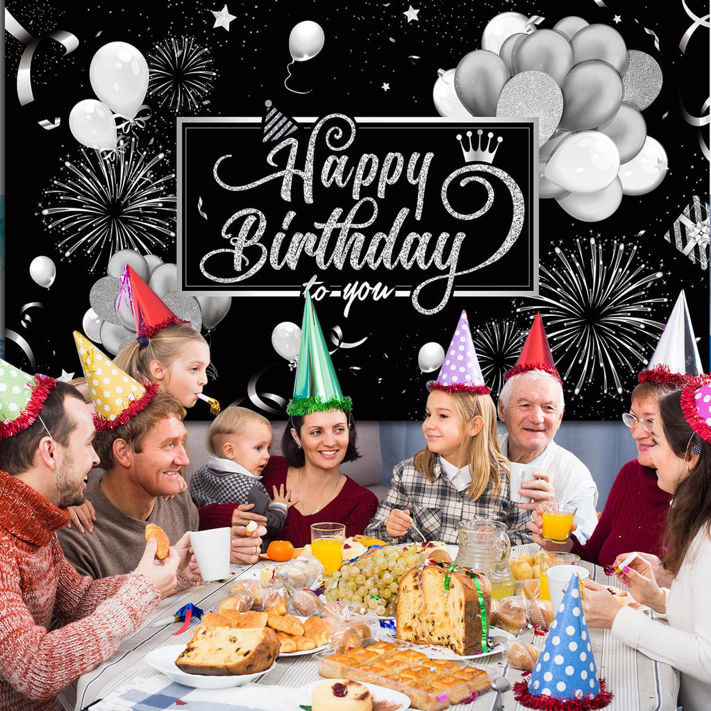 Blulu Happy Birthday Backdrop Banner 72.8 x 43.3 in – Black & Silver Glitter Photo Backdrop for Parties