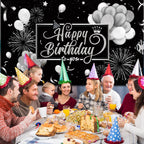 Blulu Happy Birthday Backdrop Banner 72.8 x 43.3 in – Black & Silver Glitter Photo Backdrop for Parties