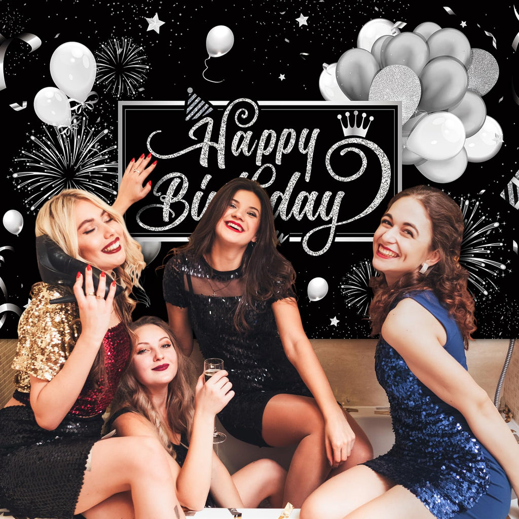 Blulu Happy Birthday Backdrop Banner 72.8 x 43.3 in – Black & Silver Glitter Photo Backdrop for Parties