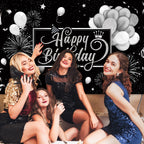 Blulu Happy Birthday Backdrop Banner 72.8 x 43.3 in – Black & Silver Glitter Photo Backdrop for Parties