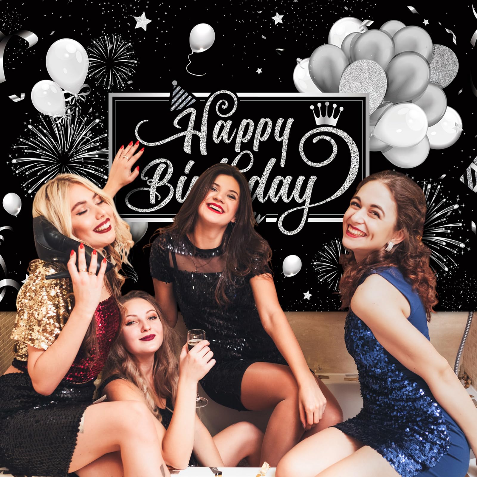 Blulu Happy Birthday Backdrop Banner 72.8 x 43.3 in – Black & Silver Glitter Photo Backdrop for Parties