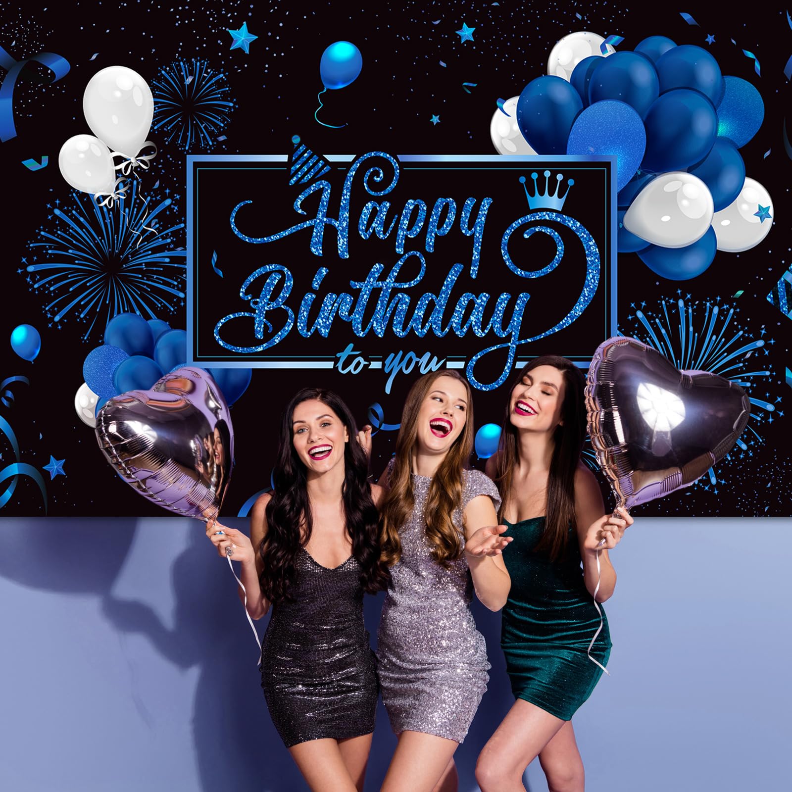 Blulu Happy Birthday Backdrop Banner – Large Blue Fabric with Glitter Balloons & Fireworks, 72.8 x 43.3 in
