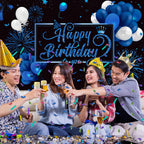 Blulu Happy Birthday Backdrop Banner – Large Blue Fabric with Glitter Balloons & Fireworks, 72.8 x 43.3 in