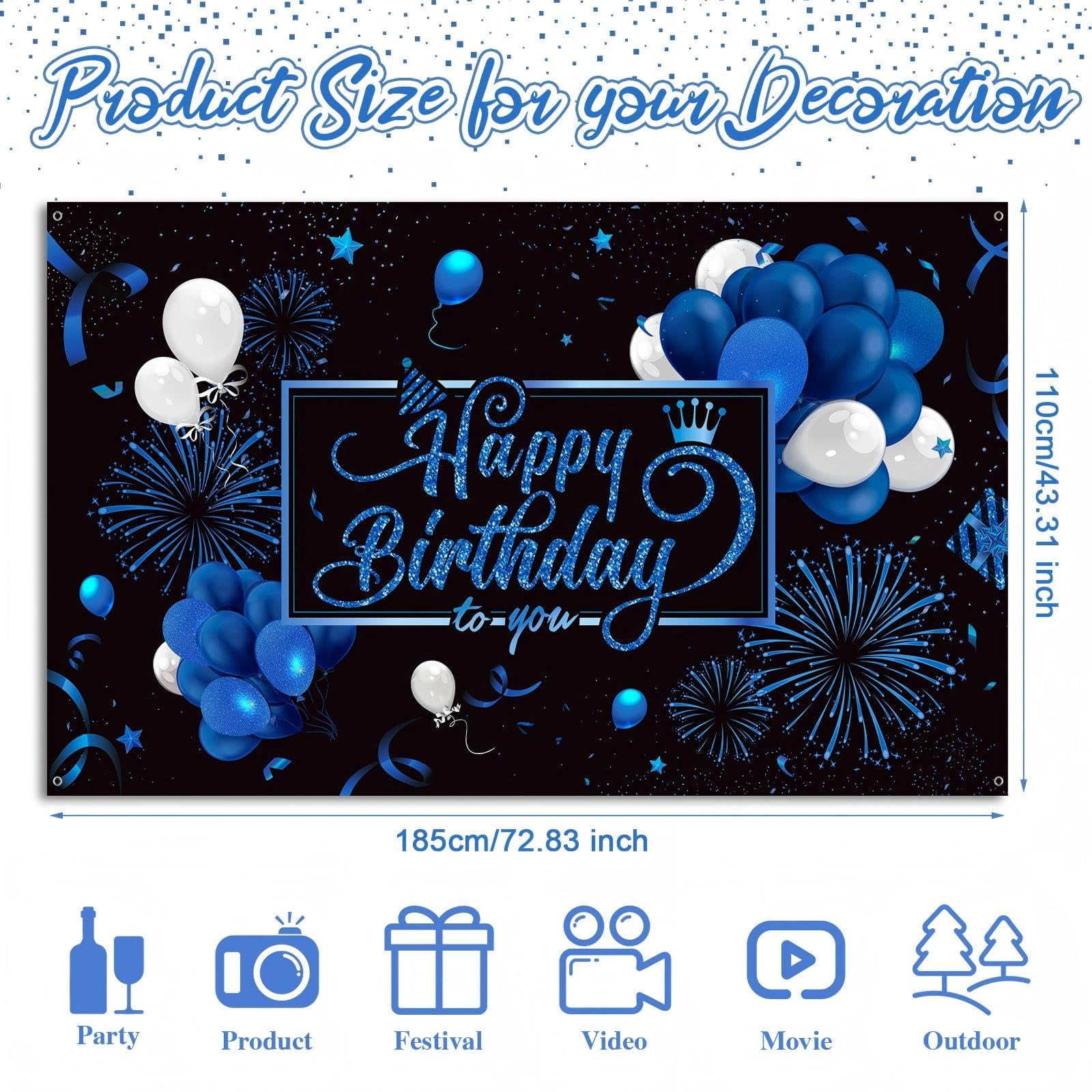Blulu Happy Birthday Backdrop Banner – Large Blue Fabric with Glitter Balloons & Fireworks, 72.8 x 43.3 in