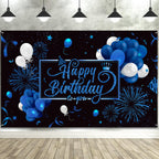 Blulu Happy Birthday Backdrop Banner – Large Blue Fabric with Glitter Balloons & Fireworks, 72.8 x 43.3 in