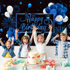 Blulu Happy Birthday Backdrop Banner – Large Blue Fabric with Glitter Balloons & Fireworks, 72.8 x 43.3 in