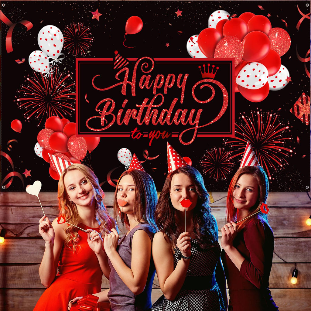 Blulu Happy Birthday Backdrop Banner – 72.8 x 43.3 in, Black & Red Glitter Design