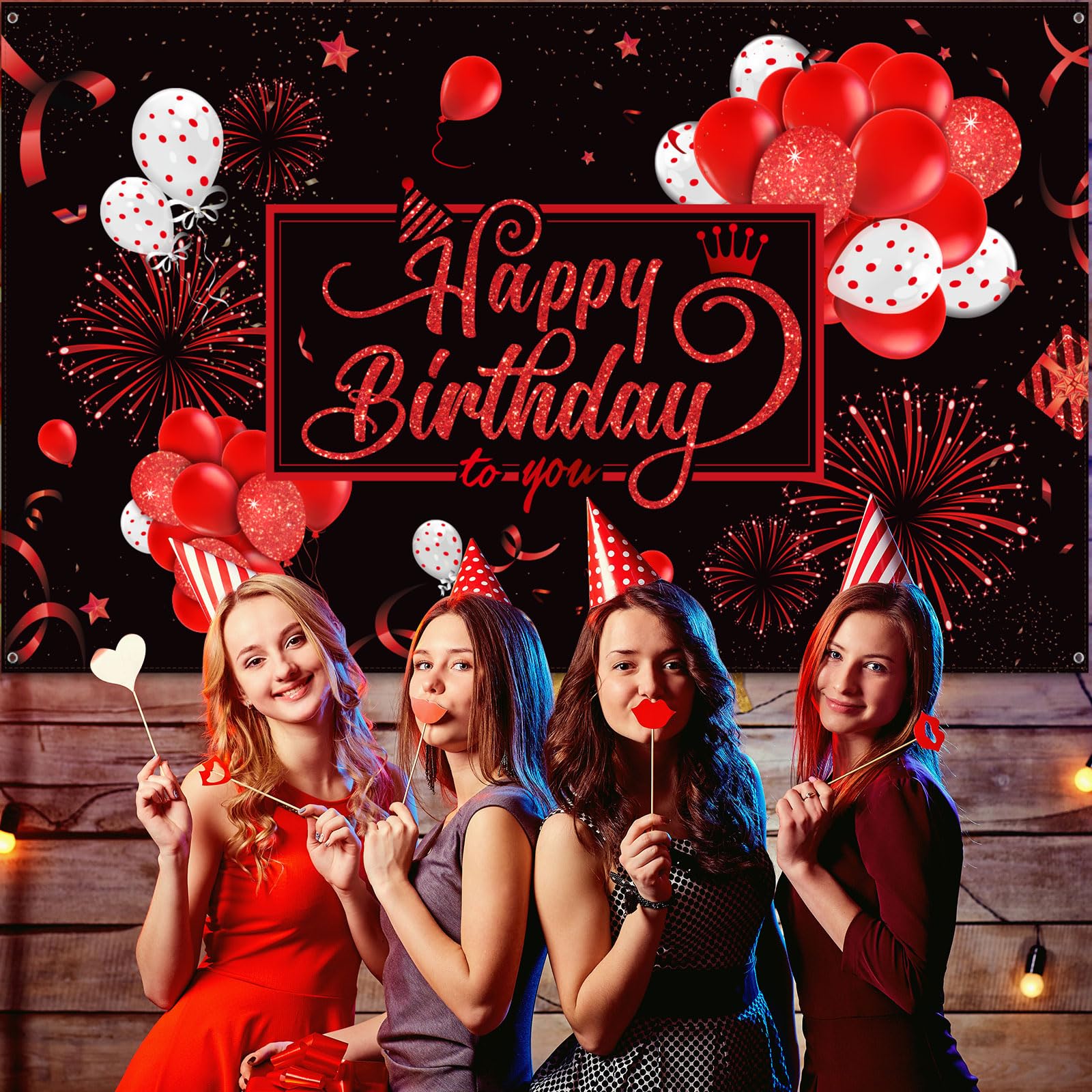 Blulu Happy Birthday Backdrop Banner – 72.8 x 43.3 in, Black & Red Glitter Design