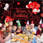 Blulu Happy Birthday Backdrop Banner – 72.8 x 43.3 in, Black & Red Glitter Design