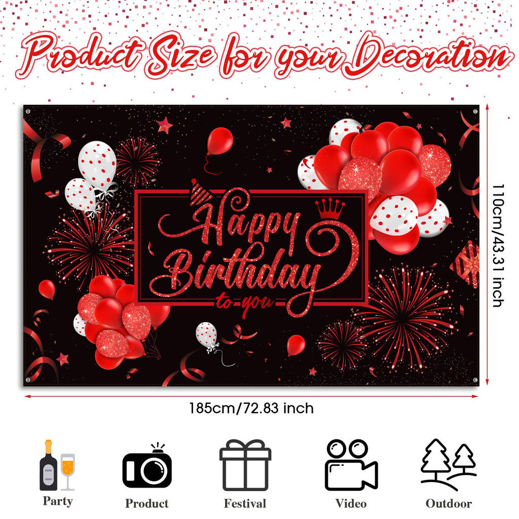 Blulu Happy Birthday Backdrop Banner – 72.8 x 43.3 in, Black & Red Glitter Design