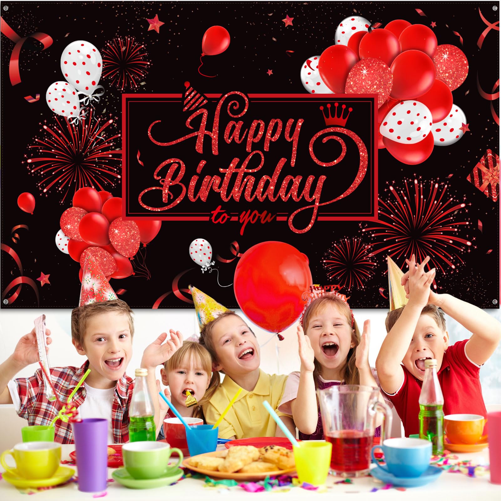 Blulu Happy Birthday Backdrop Banner – 72.8 x 43.3 in, Black & Red Glitter Design