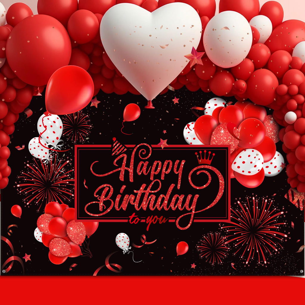 Blulu Happy Birthday Backdrop Banner – 72.8 x 43.3 in, Black & Red Glitter Design