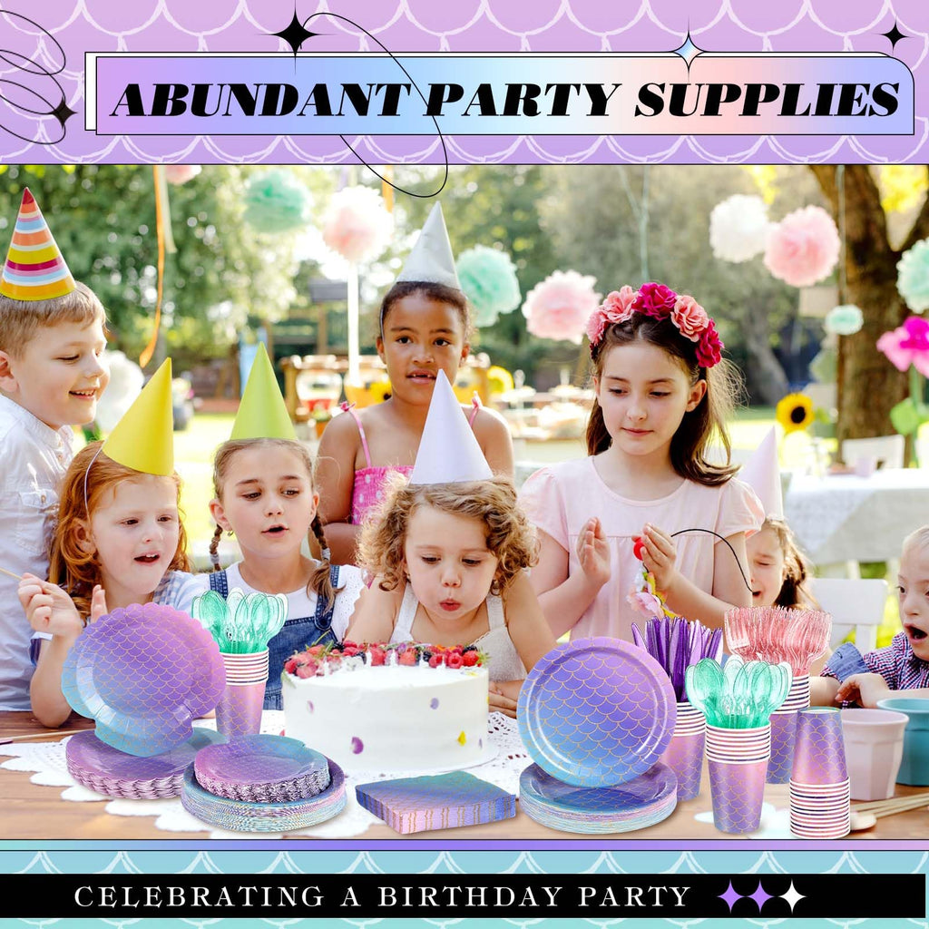 Blushtier Mermaid Party Supplies – 350 Pcs Under the Sea Disposable Dinnerware Set for Birthday Party (Multicolor)