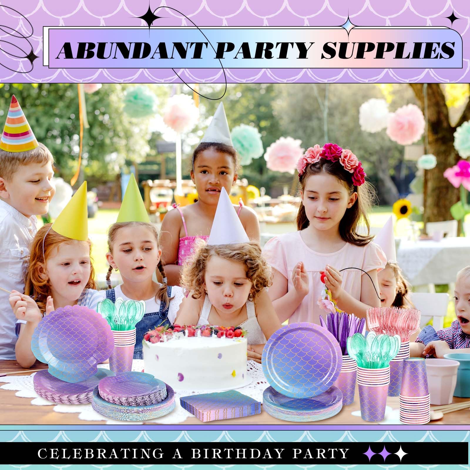 Blushtier Mermaid Party Supplies – 350 Pcs Under the Sea Disposable Dinnerware Set for Birthday Party (Multicolor)