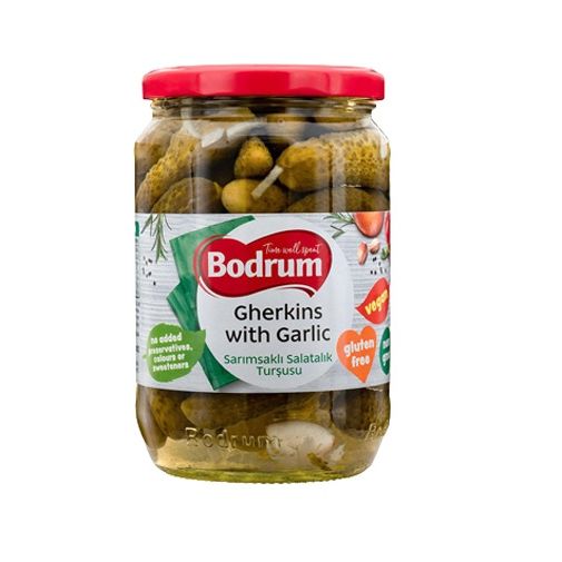 Bodrum Gherkins with Garlic Pickles Glass Jar 680g