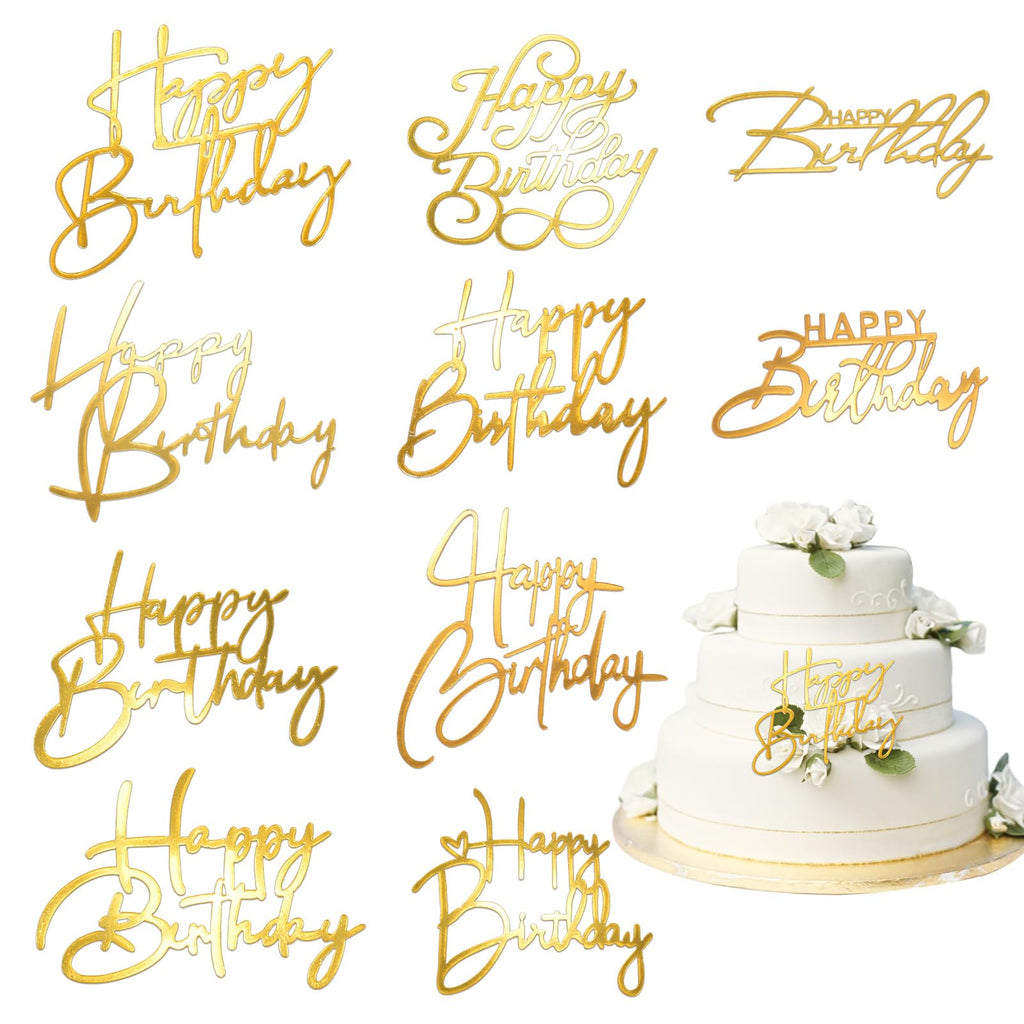Bogigul Gold Happy Birthday Cake Toppers – 10 Pcs Mirror Acrylic