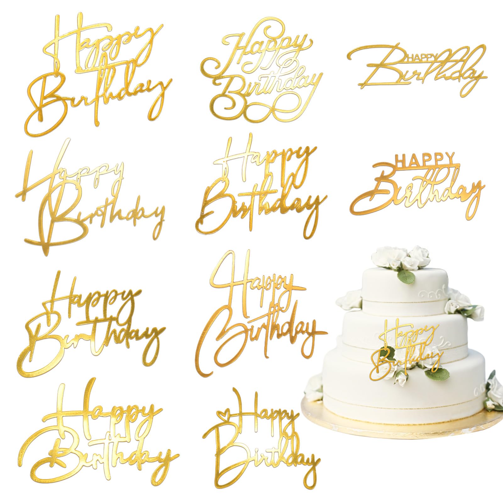 Bogigul Gold Happy Birthday Cake Toppers – 10 Pcs Mirror Acrylic