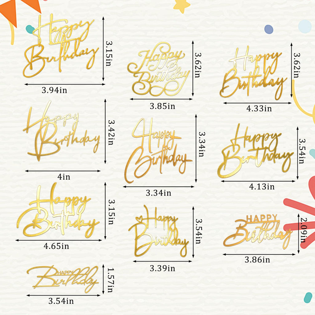 Bogigul Gold Happy Birthday Cake Toppers – 10 Pcs Mirror Acrylic
