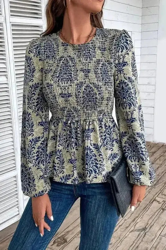 Floral Smocked Peplum Balloon Sleeve Blouse Women UK | Boho